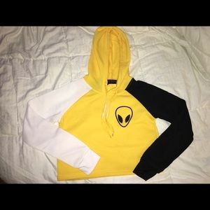 Yellow black Nd white alien cropped hoodie
